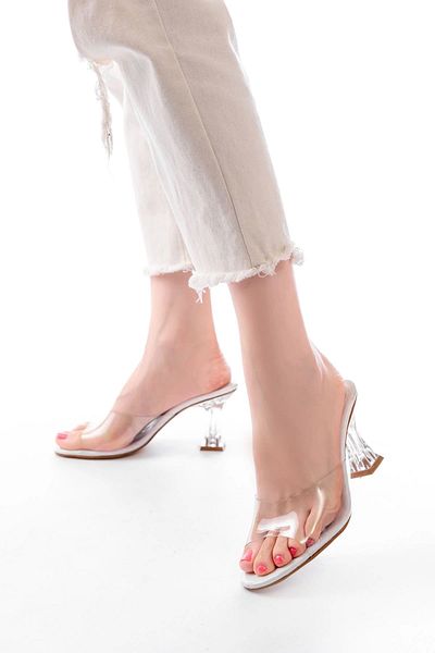 No8 Home S-619 White Patent Leather Transparent Banded Transparent Heeled Round Toe Women's Slippers