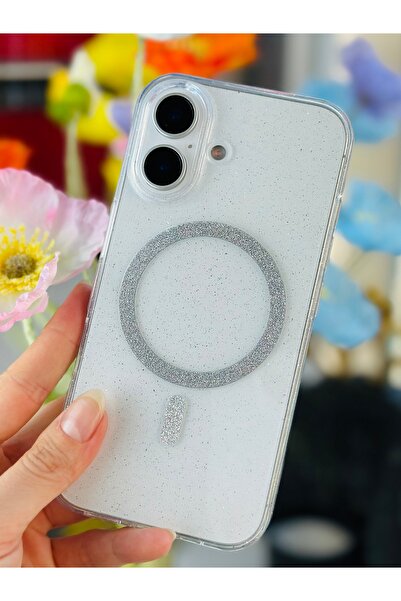Go Aksesuar Iphone 16 Uyumlu Glitter Magsafe Özellikli Parlak Simli Şeffaf Kılıf