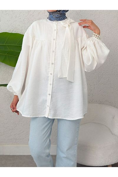 Modamorfo Collar Bow Detailed Sleeve Elastic Buttoned Linen Tunic -White