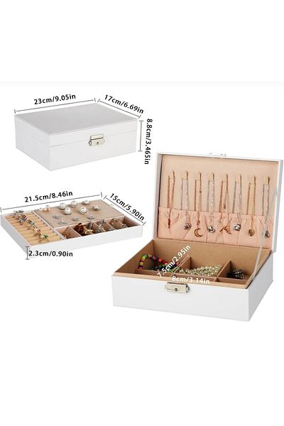 İthal White Outside Leather Inside Velvet 2 Layers Lockable Jewelry Chest Jewelry Organizer