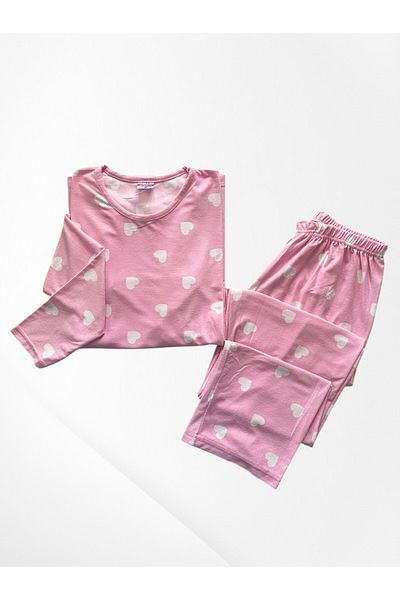 Pajama Shop Women's Cotton Suede Pink Heart Pattern Long Sleeve Crew Neck Winter Pajamas Set