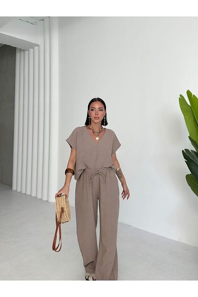 aytenli V Neck Short Batwing Sleeve Flowy Top Elastic Size Palazzo Pants with Elastic Waist Pockets Linen Suit