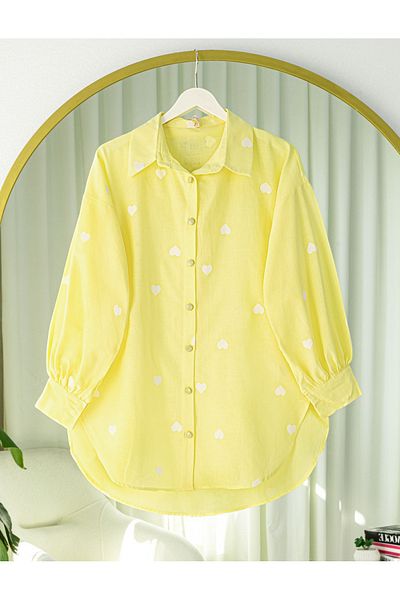 Modamorfo Heart Detailed Buttoned Long Back Silk Cotton Shirt -Yellow