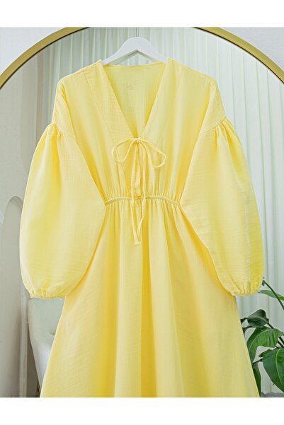 Modamorfo Muslin Dress with Tie Collar, Sleeves and Elastic Waist - Yellow