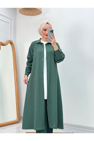 ButikKardelen Camelya Sandy Crepe Fabric Tunic Long Buttoned Triple Suit