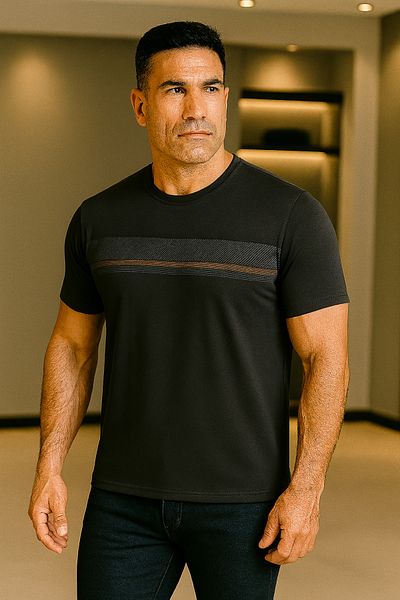 Maccali Men's Patterned Short Sleeve Large Size Loose Black T-Shirt
