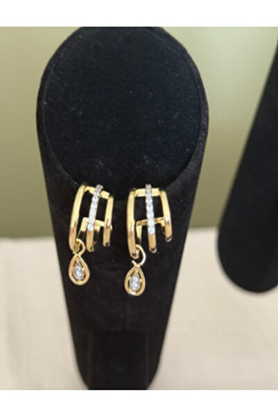 VioletTR Üçlü görünümlü Gold Renk Zirkon Taşlı Küpe