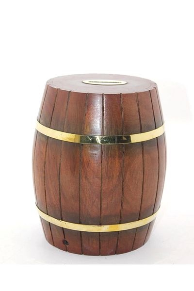 NEZADE STORE Bfs Brass Wooden Barrel Piggy Bank 18 cm Wb536