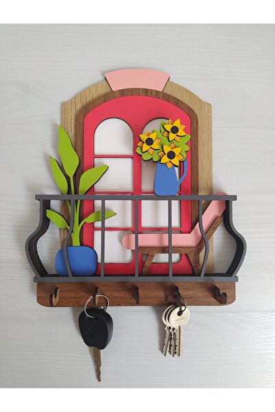 Home Ahşap Dekoratif, Hediyelik Çiçekli Balkon Temalı Çok Renkli Anahtar Askı...