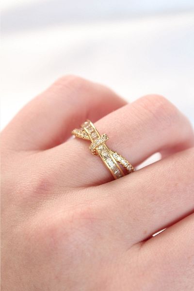 Skygo Adjustable Zircon Cubic Zirconia Curved Model Ring - Gold Color TJ-BYK3107