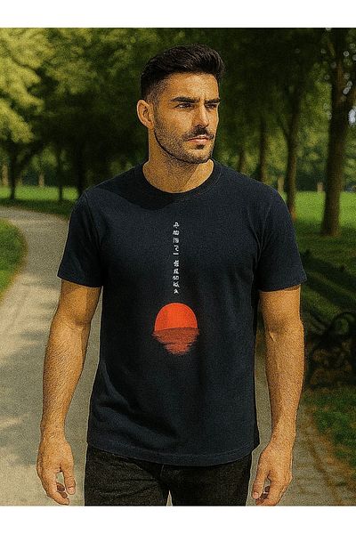 Maccali Men's Short Sleeve Text Print Crew Neck Navy Blue T-Shirt