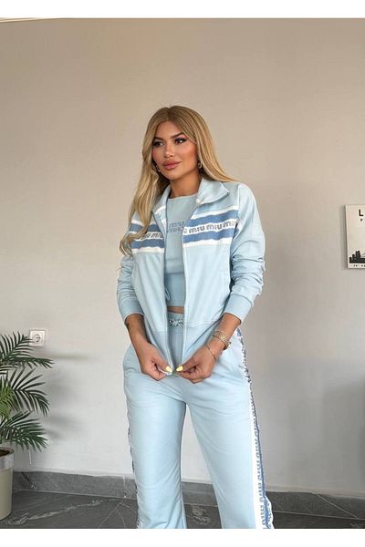 bonibon butikk Women's Quality Luxury Clothing Stand Collar Zippered Bottom Casual Cut Waist Elastic 2 Thread 3 Piece Suit