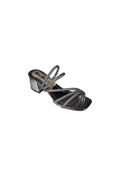 Yaz Kış Ayakkabı Yazkiş Women's Black Silver Double Striped Scarf Bottom Patent Leather 5cm Thick Heel Slippers