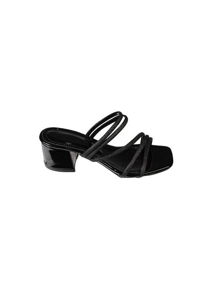 Yaz Kış Ayakkabı Yazkiş Women's Black Silver Double Striped Scarf Bottom Patent Leather 5cm Thick Heel Slippers