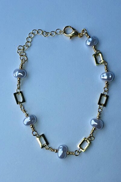 Bonicce White Bead Detailed Geometric Patterned Women's Steel Bracelet