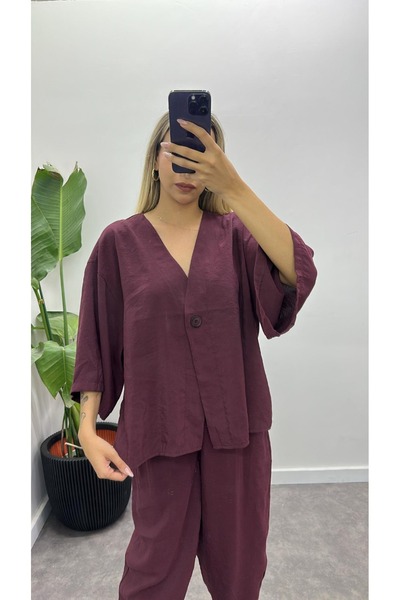 Lavanta Tekstil V Neck Single Button Kimono Pants Suit