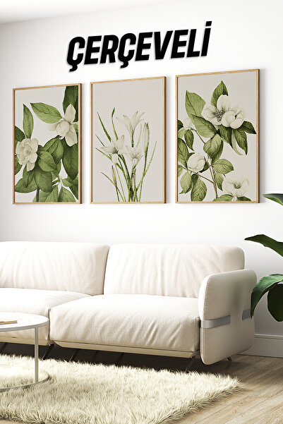kutuTR 🌿 3’lü Çerçeveli Yeşil Yapraklı Beyaz Çiçek Desenli Tablo Seti – Bota...