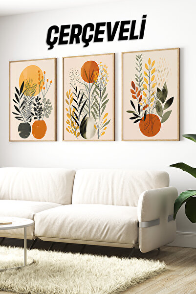 kutuTR 🌿 Turuncu Vazo ve Yaprak Temalı 3’lü Çerçeveli Tablo Seti Modern Dekorasyonun Yeni Yüzü 🌿 CRV1158