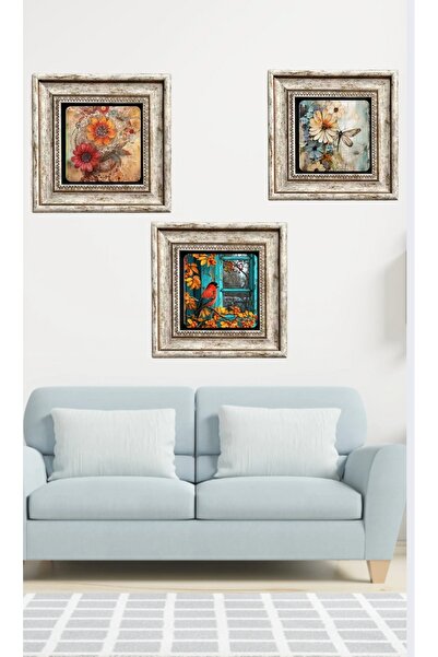 STONEVİVEART Çiçekler ve Kuşlar 3 Adet Doğal Taş Tablo Duvar Aksesuarı