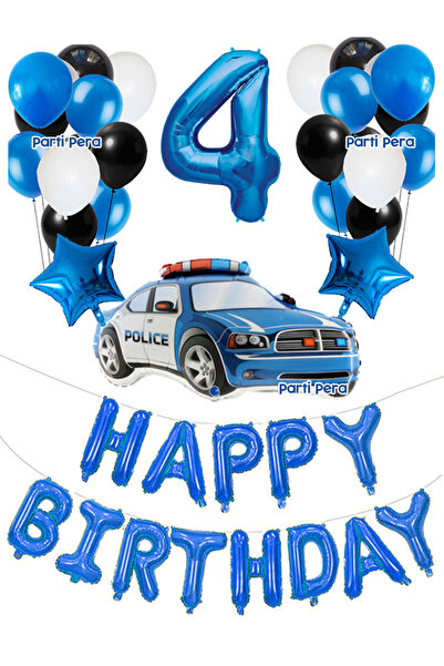 parti pera Polis Temalı Doğum Günü Balon Seti Lacivert Happy Birthday Folyo Balon Polis Arabası Folyo Balon