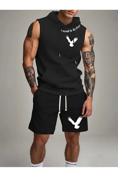 bellanova Athletic Vest and Shorts Set, Lace-Up Printed Tank Top with Hood,