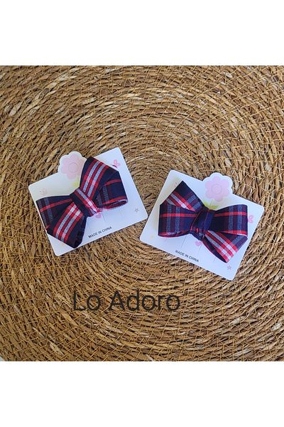 LO ADORO 2Pcs Red White Navy Blue Plaid Checkered Bow Buckle Girl's Hair Less Babies Early Year Clip Buckle