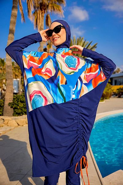 Marina Swimwear Navy Blue Full Covered Hijab Swimsuit – Water Drain Panel, 4 Piece Set M2515