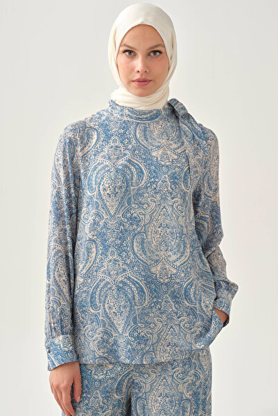 Tuğba Şal Desenli Fular Yakalı Bluz - İndigo