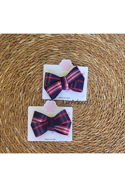 LO ADORO 2Pcs Red White Navy Blue Plaid Checkered Bow Buckle Girl's Hair Less Babies Early Year Clip Buckle
