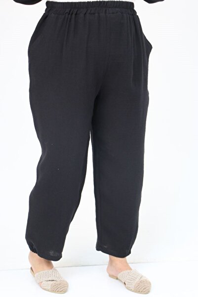 Eslina 57048 Large Size Muslin Pants Suit with Elastic Sleeves - Black