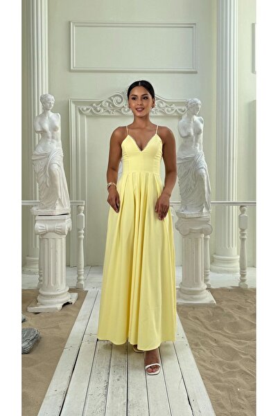 Nida Boutique Derin V Yaka Yakası Taş Detaylı Askılı Sırt İp Bağlama Detaylı Uzun Double Kumaş Elbise