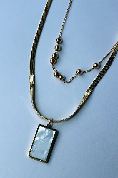 Bonicce Porcelain Detailed Rectangular Model 2-Piece Beaded Women's Steel Necklace Stainless Steel