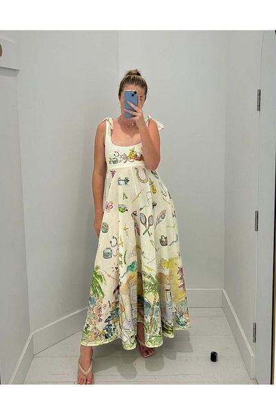 Butik Şenel Colorful Doodle Drawing Printed Shoulder Tie Dress