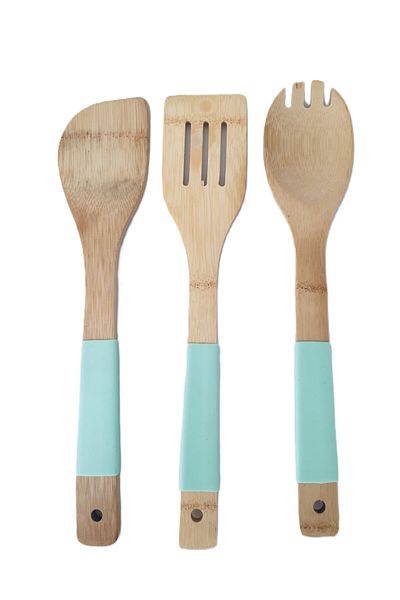 Evmoni 3-Piece Silicone Handle Bamboo Serving Set / Turquoise-30 cm