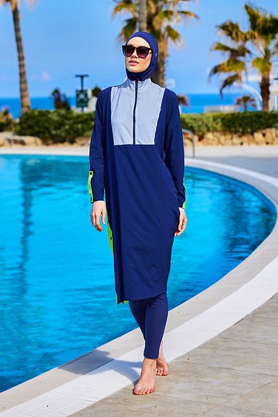 Marina Swimwear Navy Blue Full Covered Swimsuit – Split Design, Water Drain Panel, 4 Piece Set M2527-3