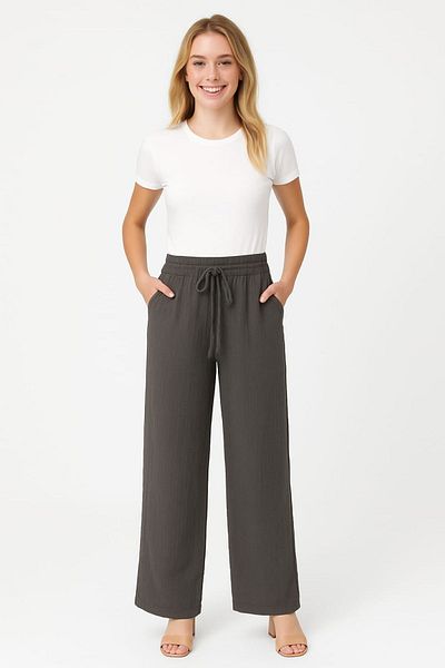 enmodaiçgiyim Dark Gray 100% Cotton Muslin Fabric Wide Leg Women's Trousers