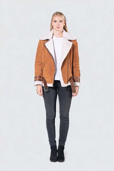 SVELG Victoria - Brown Suede Sheepskin Jacket with White Collar