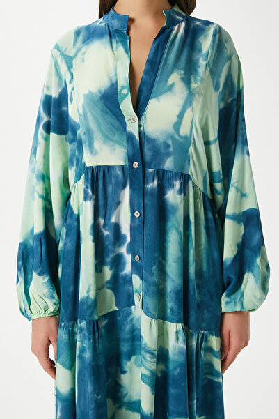 Ritnice Γυναικείο μακρύ καλοκαιρινό φόρεμα με μπαλόνι μανίκια Modest Gloria Turquoise 100% Viscose Maxi Size