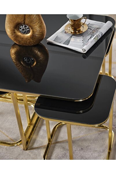 AlberoLife 5li Oval Kenar (KURULUM GEREKTİRMEZ) 4+1 SİYAH Temperli KIRILMAZ Cam GOLD Ayak Sehpa
