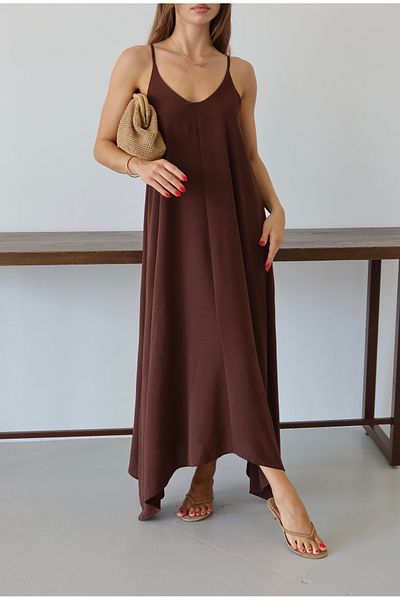 şuranur Bitter Brown Women's Full Lycra Fabric Long Dress with Adjustable Strap