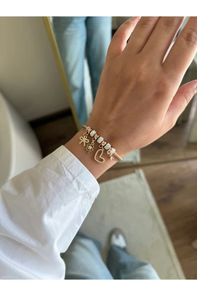 RoseandRoses Heart-Clover-Ribbon Charm Bracelet Gold