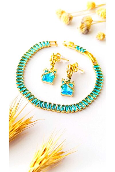 RSB Bijuteri Küpe Sallantılı ve Bileklik Su Yolu Mavi Zirkon Taş Altın Kaplam...