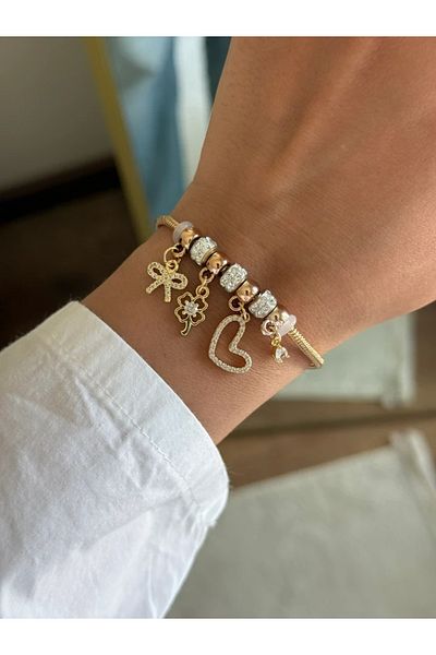 RoseandRoses Heart-Clover-Ribbon Charm Bracelet Gold