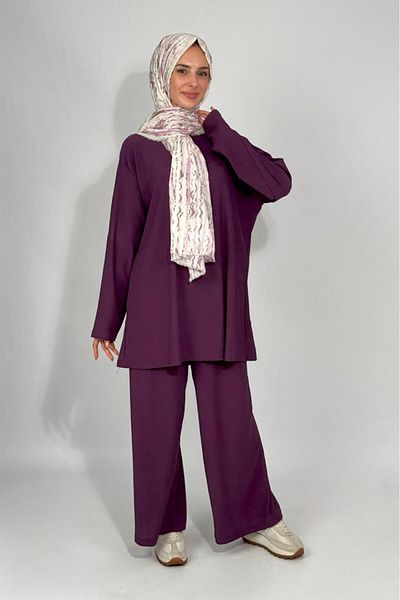 Betimoda Women's Tunic Pants Bottom Top Double Comfortable Fit Hijab Suit Plum