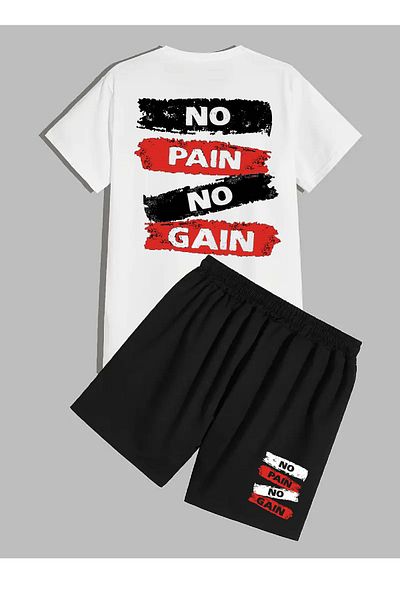 makiteks Cotton Set of 2 Solid Color Men Women Unisex Regular Shorts and Tshirt T-Shirt No Pain No Gain