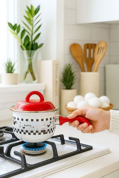 ENYAZA(2024) Enamel Mini Milk Jug – Patterned Red Lid, Enamel Handle