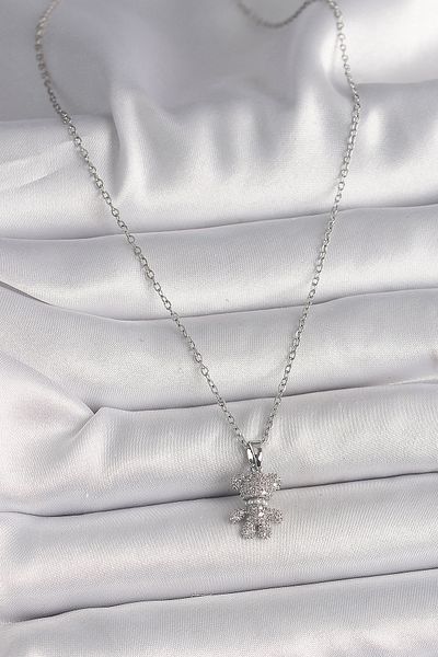 Skygo Silver Color 316L Steel Chain Necklace Zircon Stone Teddy Bear Figure