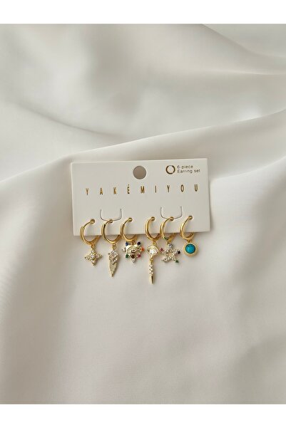 Zivazer Store Kadın çelik kararmaz 14 k altın rendinde 6'lı halka küpe