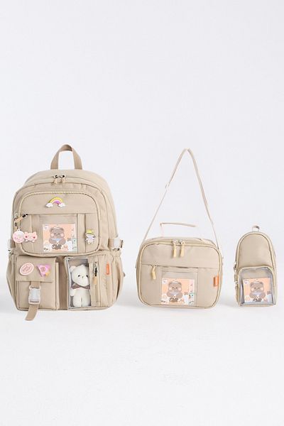 Roxbros Kawaii Korean Style Set of 3 with Accessories Children's Primary School Bag Backpack with Pen Holder and Lunch Bag