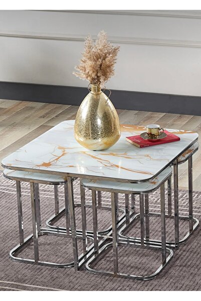 AlberoLife 5li Oval Kenar (KURULUM GEREKTİRMEZ) 4+1 BEYAZ SARI MERMER Temperli KIRILMAZ Cam Gümüş Ayak Sehpa